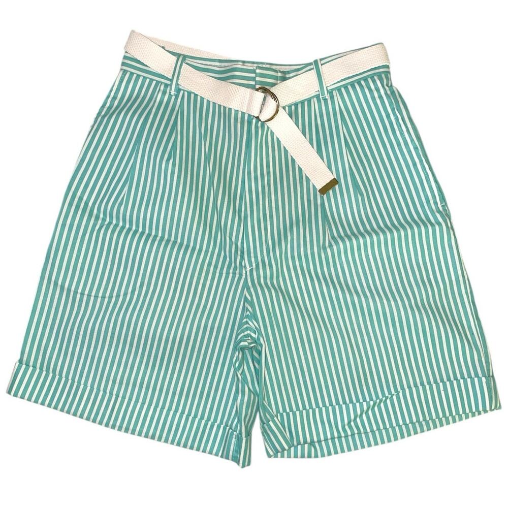High Waist Striped Green Shorts